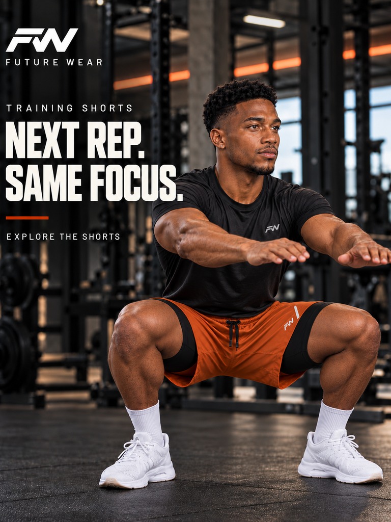 Future Wear orange training shorts ad: Next rep. Same focus.